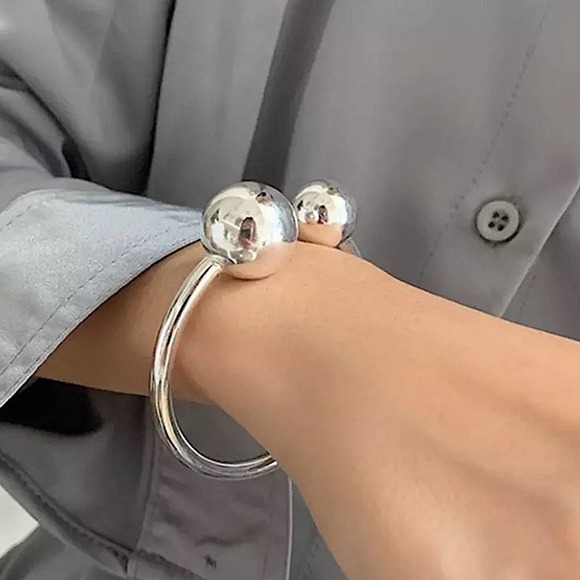 SILVER BALL BANGLE ADJUSTABLE BRACELET - Picture 2 of 6